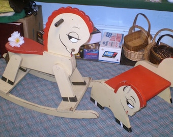 COTTAGECORE Child's ROCKING horse in Red and ivory- c 1945 child's handmade rocking horse and matching stool- buy one or both-RPUMC