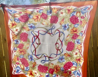 Vintage Marc Laury Paris silky scarf- Pink, orange, blue, olive & cinnamon floral border scarf- Washable ribbons and floral border print