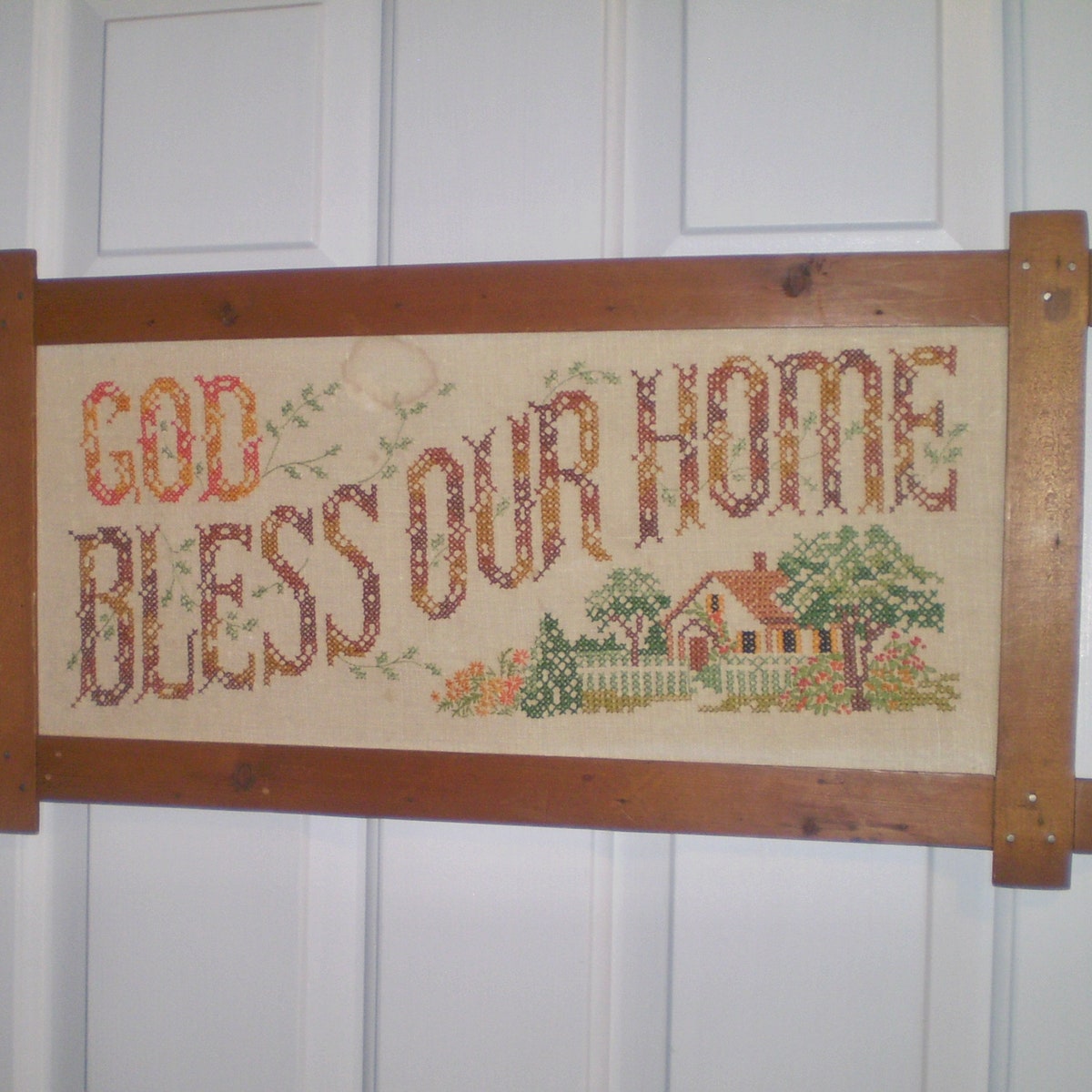 GOD BLESS Our HOME- Embroidered Sign for Your House- 1975 Tramp Art Framed Embroidered Sign- Handmade Embroidered House and Blessing - Etsy