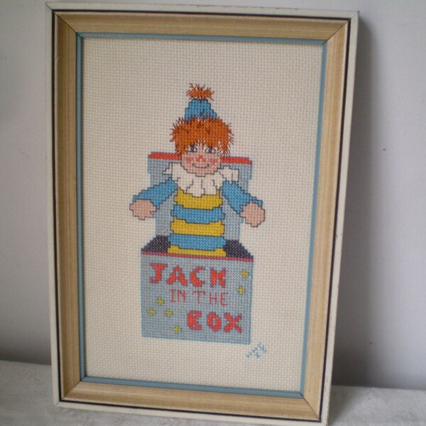 JACK-in-the-BOX cross stitch picture- Handmade 1983 Jack in the box Nursery artwork- framed nursery artwork for child, or boy named Jack