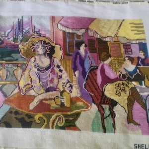 DOCKSIDE CAFE ladies needlepoint- 19th century scene of ladies at outdoor cafe- Parisian cafe ladies- Shelbi designer needlepoint canvas
