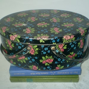 Vntg DUTCH MAID TIN- oval floral tin with lid and handles- sewing basket tin- 1950s black floral oval tin for storage or display w. label