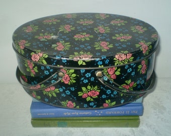 Vntg DUTCH MAID TIN- oval floral tin with lid and handles- sewing basket tin- 1950s black floral oval tin for storage or display w. label