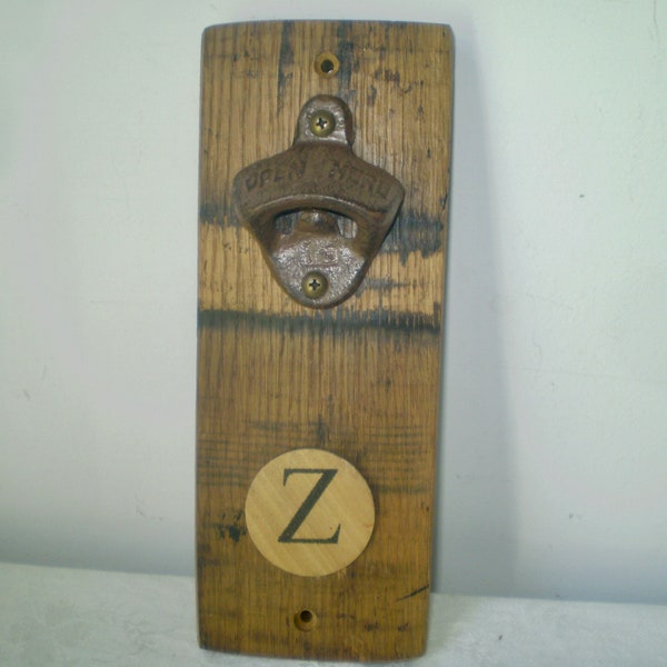 WHISKEY BARREL BOTTLE opener- Letter "Z" vintage Oak Bottle Opener- man cave or bar bottle opener- upcycled Barrel Stave- "Z" monogram