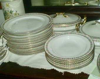 LIMOGES CHINA set- M. Redon vintage Limoges, France china dishes- rose band border dishes- gold accents on pink rose border- bougie dinners