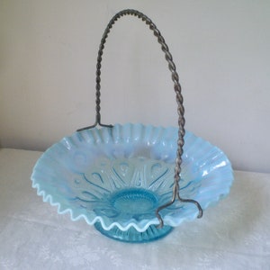Mid-century BLUE GLASS BERRY basket- ombre blue glass ripple edge collectible glass bowl with metal handle- handmade blue basket bowl- 1960s
