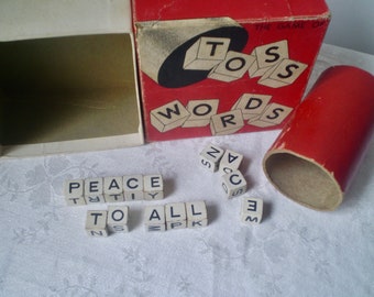 Vntg TOSS WORDS GAME in original box- dice letters in cardboard cup- Non-Plastic game- Vocabulary Spelling game- 1940s