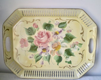 Vntg TOLE PAINTED TRAY- Floral handpainting on ivory pierced tray- reticulated tray with Pastel flowers- mid-century flowered tray w roses