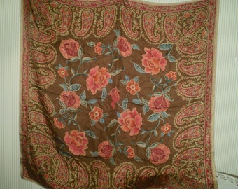 large square brown and red SILK scarf from Talbots- floral and paisley border SILK scarf in Browns and Reds- head or neck silk scarf