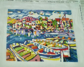 BOATS Needlepoint- Designer canvas by Patti Mann-completed needlepoint picture of boats and hill town- colorful 'Boats at the Dock'