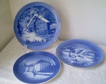 3 Vintage BLUE PLATES- Currier & Ives and Royal Copenhagen blue plates- decorated wall plates with blue decoration- blue plate collectors