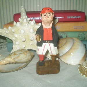Peg Leg PIRATE -Vintage hand carved wooden pirate with mug- Nautical Peg Leg Sailor mini carving- Eye patch, Peg leg Pirate  carving