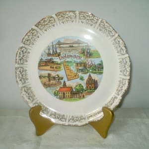 Vintage Delaware state collector&#39;s plate- gold design edge DE souvenir plate- Delaware points of interest plate- single DE Memorial Bridge
