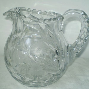 Cut CRYSTAL PITCHER- exquisite round cut and etched crystal juice pitcher- Daisy etched crystal pitcher- midcentury crystal pitcher
