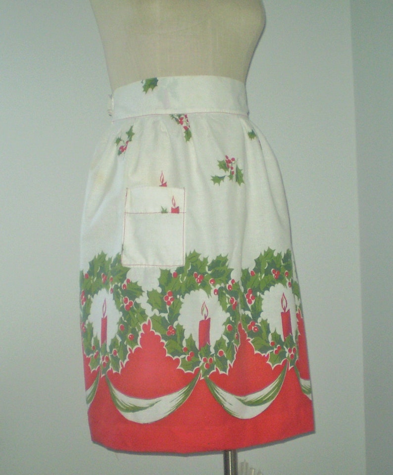 Reserved for Ellen Retro holiday apron Xmas Candles apron tall gal apron Vintage Holiday half apron handmade cotton print apron