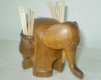 Vintage ELEPHANT TEAK wood toothpick holder- Pachyderm toothpick holder- little Elephant with toothpick saddle- WOODEN elephant art