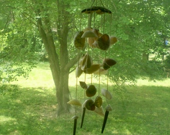 SEASHELL Wind chime- Vintage Sea SHELL wind chime- Sea Shells on strings and coconut shell- beach wind chime- nautical shell decoration