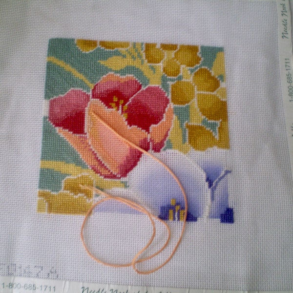 Spring TULIPS NEEDLEPOINT to finish as you choose- small needlepoint to finish- hand painted canvas to complete- TULIPS 5 x 5 canvas