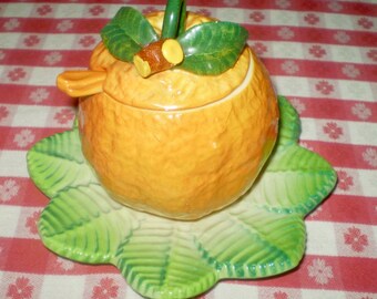 Reduced! vntg ITALIAN ORANGE MARMALADE server- ceramic orange with saucer- figural citrus fruit marmalade server- made in Italy grapefruit