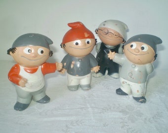 4 ITALIAN TYPE DOLLS- 4 cute boy molded plastic dolls with caps- gray and red character dolls w hats- Sendak style boy doll set- 4 imps