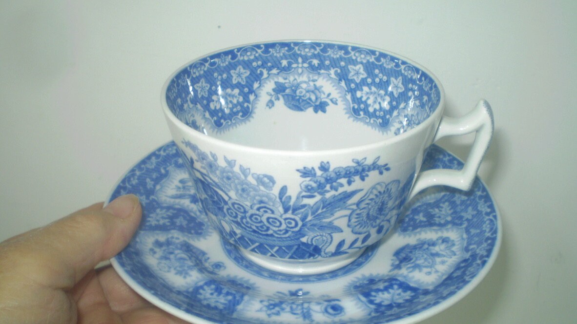 英国Copeland Spode社製  Cat handle　cup SPODE Xlg TEACUP N Saucer- Spode Copeland- Blue Transferware