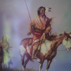 INDIAN Framed Print- 18.5x23&quot; Native Americans on horseback on the plains- Plains Indians on horseback- Face in the sky- framed Artwork