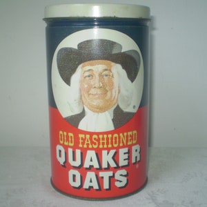 QUAKER OATS TIN- 1982 Quaker Oats Limited Edition Tin- lithographed Old Fashioned Quaker Oats metal tin with lid- advertising storage tin