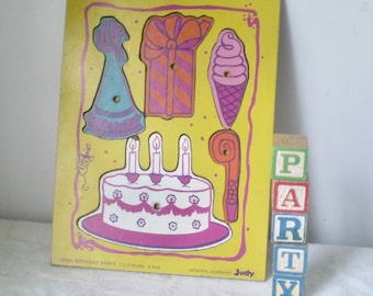 Vintage Judy wood puzzle for toddler- vintage Birthday Party puzzle- wood shape puzzle for little child- birthday cake and party puzzle