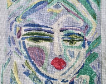 WARRIOR GIRL by Maren Devine- Artist painted needlepoint canvas- partially worked canvas to finish- fiber art to frame or for pillow