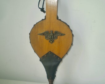 Vntg FIRE BELLOWS with Eagle ornament- hanging wood and leather Fireplace bellows- Colonial design home Bellows