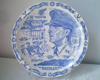 1940s WWII DOUGLAS MacARTHUR PLATE- blue plate from World WarII era- 1940s blue plate of American Hero- Souvenir plate of Second World War