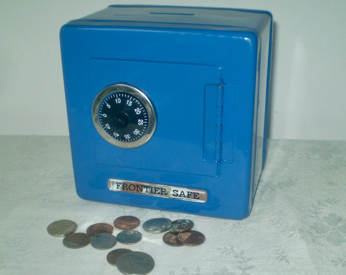 SAFE BANK Blue Metal Safe Bank With Combination Lock Vintage Metal