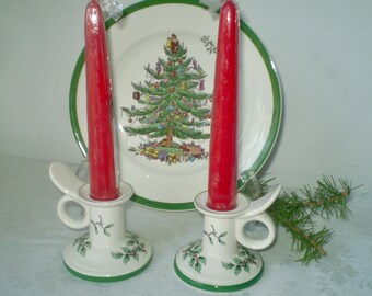 Pair SPODE CHRISTMAS CANDLESTICKS- classic Spode Christmas Tree design ceramic candle holders- thumb tab candle holders- Xmas table candles