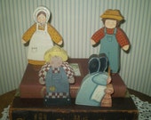 Group of 4 handmade wooden FARM Folks- shelf sitter farm people- farm wife, Farmers, butter churner- flat painted farm folks for display