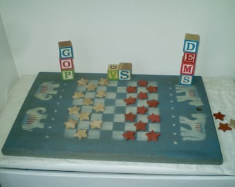 POLITICAL Checkers board- GOP vs DEMS- hand made checkers with star checker pieces- donkey & elephant checkers- R,W,B checkers