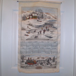 1978 calendar tea towel- Currier and Ives style towel- winter skating scene in Maple syrup country- New England winter towel-horse & sleigh