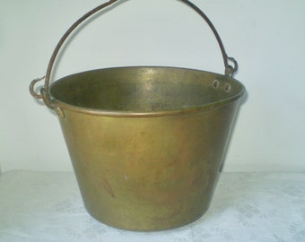 Antique BRASS BUCKET- 100 year old Brass bucket with iron handle- Brass Kettle Manufacturers bucket #5- Farmhouse vintage Bucket or Pail