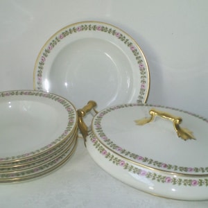 LIMOGES CHINA set- M. Redon vintage Limoges, France china dishes- rose band border dishes- gold accents on pink rose border- bougie dinners