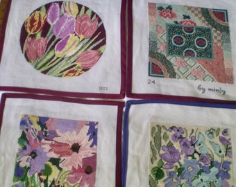 Choose a needlepoint- 3 handmade needlepoint floral canvases to frame or sew- needlepoint for projects- flowers, round, square for pillow