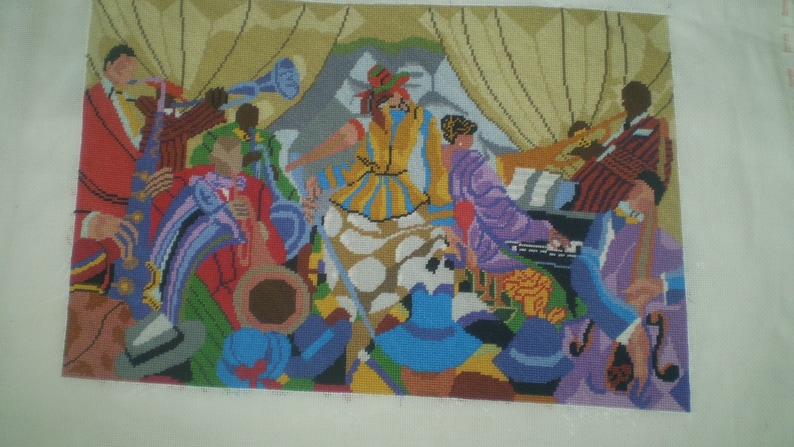 JAZZ BAND by Prince Duncan Williams- Needlepoint Jazz band picture- completed needlepoint for pillow top or frame- colorful New Orleans jazz image 2