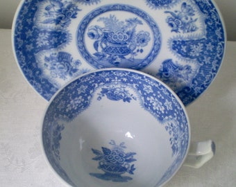 SPODE XLg TEACUP n Saucer- Spode Copeland- Blue transferware floral vase  Teacup & saucer- Square handle blue china cup FILIGREE design