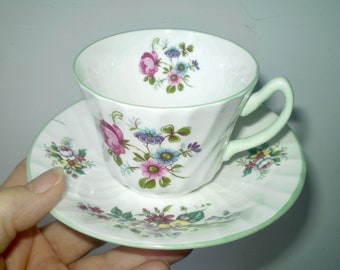 vntg TEACUP 'n' SAUCER- midcentury FLORAL English Teacup & Saucer- bone china Cup and Saucer- pale green and flowers- pansies n posies