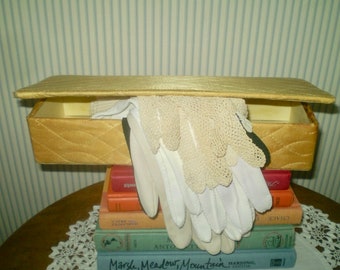 SALE! GLOVE BOX & 4 pr ladies gloves- vntg ladies gloves in padded gold glove box- black gloves, crocheted gloves, 2 pr white gloves