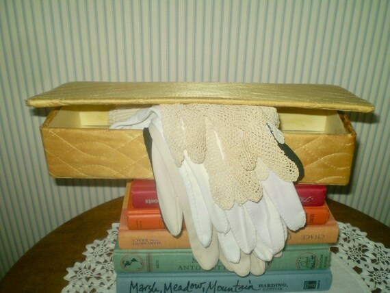 Vintage gold padded glove box with 4 pr ladies glo
