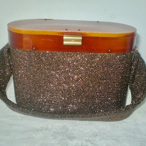 SALE!-Exquisite 1940s BAKELITE top Carnival BEADED Bag- Classic Barrel Box beaded Bag w Tortoise shell bakelite hinged lid- snap lid bag Em