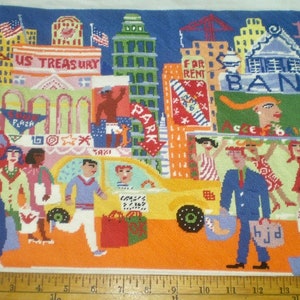 CITY LIFE Needlepoint to frame or sew- City Scene needlepoint- bright colors city view- Life in the Big City- US Treasury- Taxi- cat etc