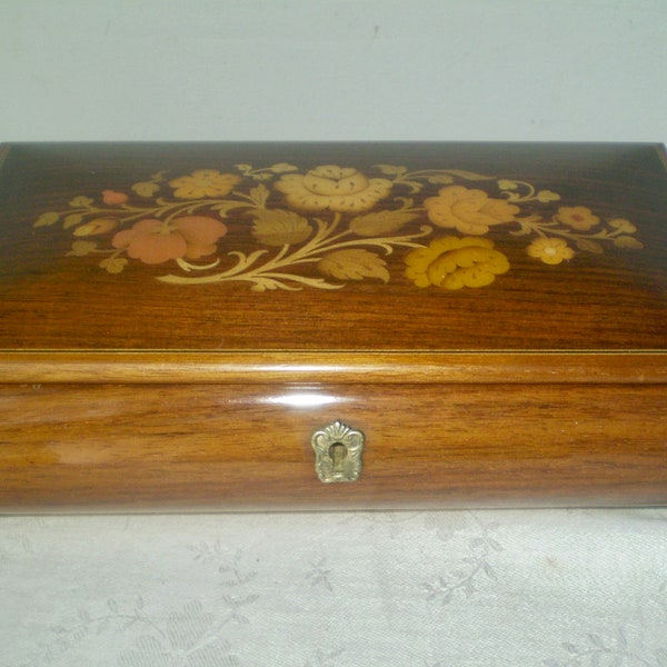 JEWELRY MUSIC BOX- made in Italy vintage jewelry box- Plays 'Impossible Dream'- inlaid flower lid with velvet interior- wooden jewel box