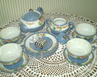 Vintage 1950s Iridescent tea party set- Lustreware Mini tea cups, saucers, tea pot- Tea party service- Child size Tea set 17 pc. set