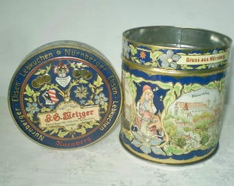 1993 GERMAN LITHO TIN- F. G. Metzger- Nurnberg, Germany Storybook tin- Lebkuchen cookie tin with Raised decorations and scenes- with lid