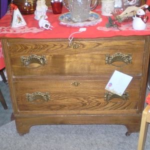 REDUCED-Child's oak wash stand from c.1900- Antique child size wash stand with 2 drawers, towel bar-antique little people's wash stand-RPUMC